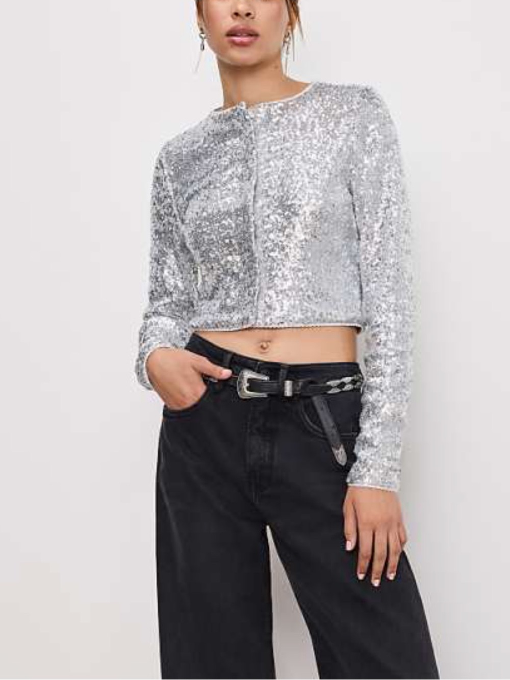 Good American Silver Sequin Cropped Cardigan Top  Holiday Party Metallic Sz L